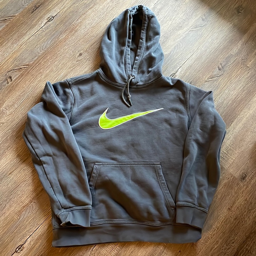 🔥 Nike Men’s Gray Hoodie Neon Green Big Swoosh Pullover Medium